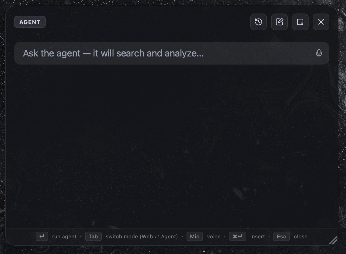 Command palette in Agent mode with a streaming research answer