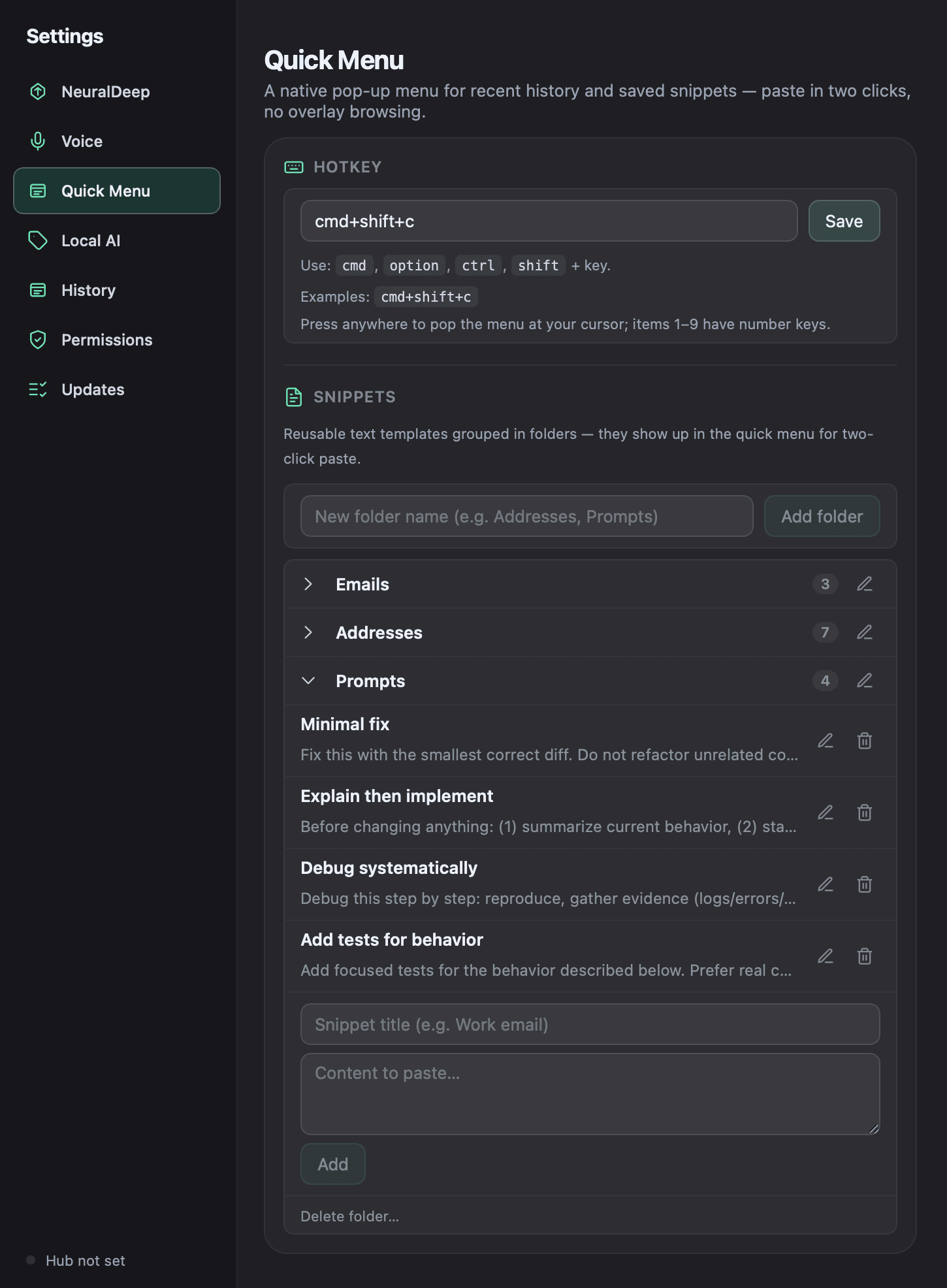 Quick Menu settings with a configurable hotkey and a snippets editor